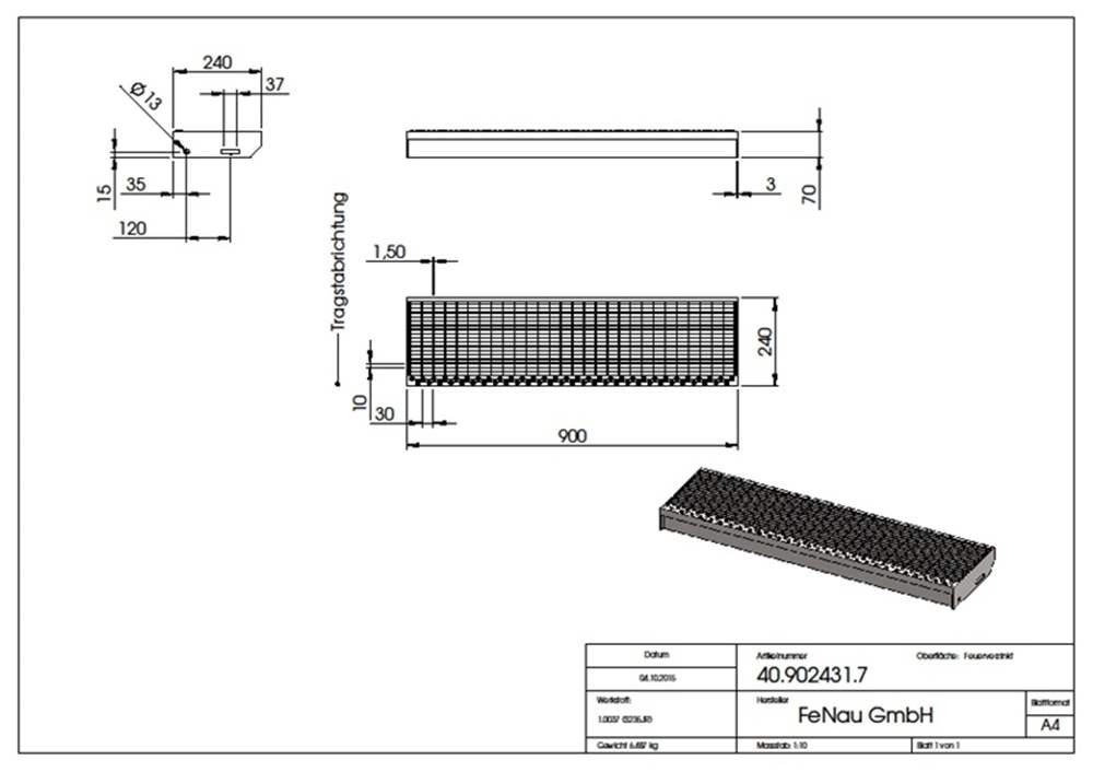 Grating step Stair tread | Dimensions: 900x240 mm 30/10 mm | S235JR (St37-2), hot-dip galvanized in full bath