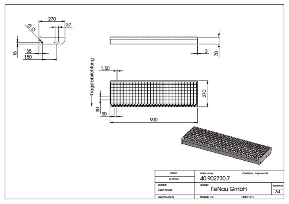 Grating step Stair tread | Dimensions: 900x270 mm 30/30 mm | S235JR (St37-2), hot-dip galvanized in full bath