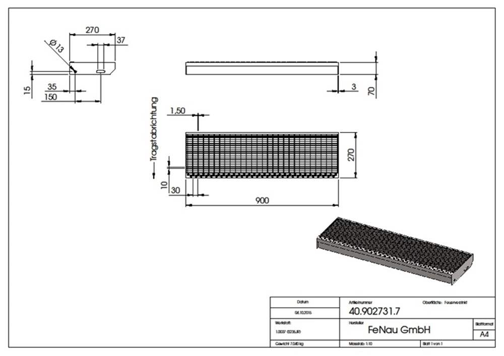Grating step Stair tread | Dimensions: 900x270 mm 30/10 mm | S235JR (St37-2), hot-dip galvanized in full bath