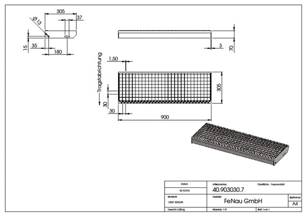 Grating step Stair tread | Dimensions: 900x305 mm 30/30 mm | S235JR (St37-2), hot-dip galvanized in full bath