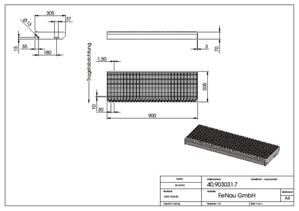 Grating step Stair tread | Dimensions: 900x305 mm 30/10 mm | S235JR (St37-2), hot-dip galvanized in full bath
