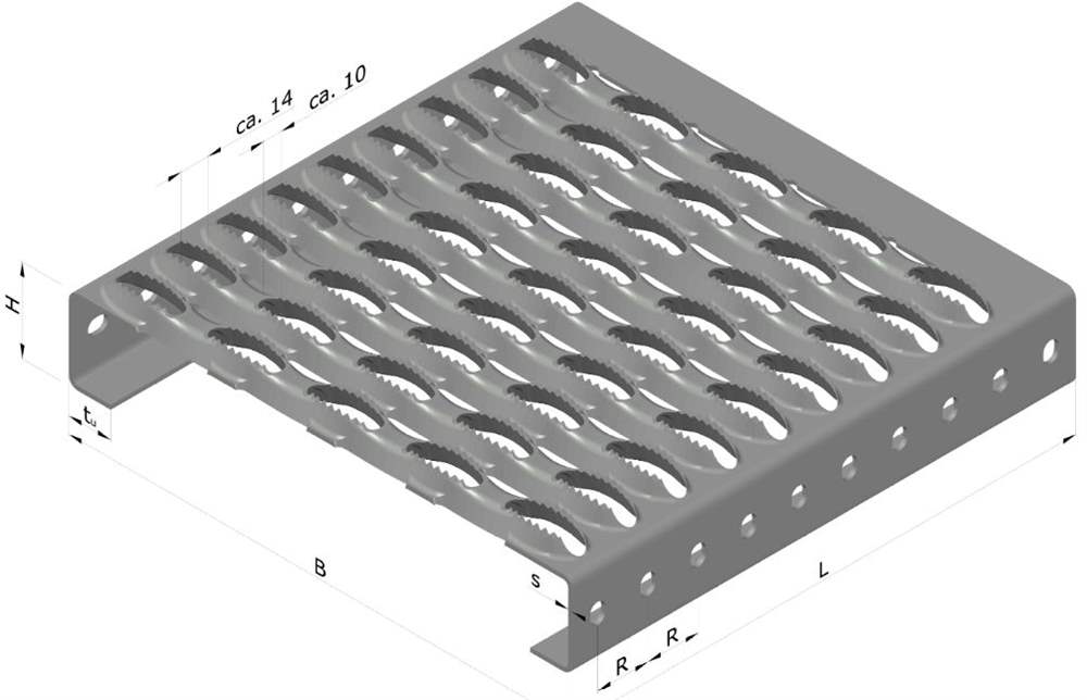 Sheet metal profile step | Type N | Dimensions: 800-1200 x 240-300 mm | S235JR, hot-dip galvanised in a full bath