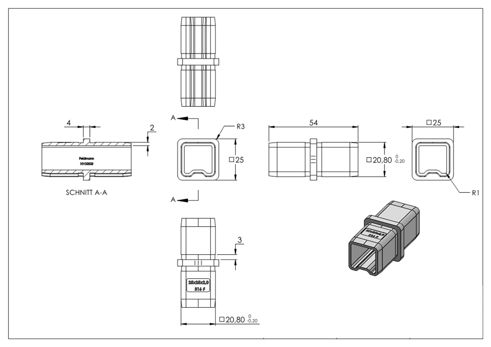 Connector for pipe 25x25x2mm, V4A