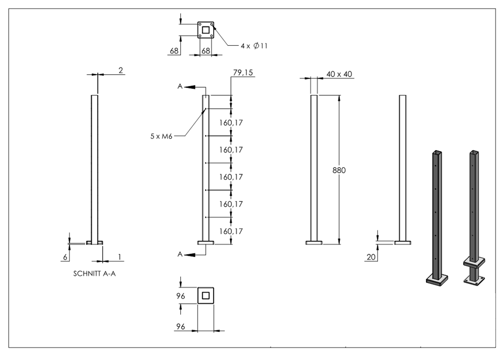 Stainless steel post V2A for floor mounting, length 880mm